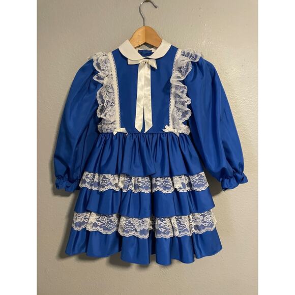 Vintage Marthas Miniatures Dress 4T Blue Satin Ruffle Lace Pageant Cottagecore - Picture 1 of 8